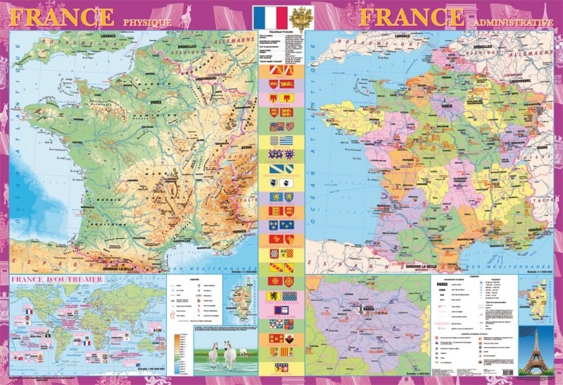 France. Фізична карта. Політико-адміністративна карта, м-б 1:1 500 000